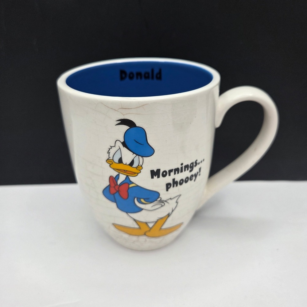 Disney Donald Duck Coffee Mug Mornings Phooey Ceramic Cup Blue White 4.5in VTG